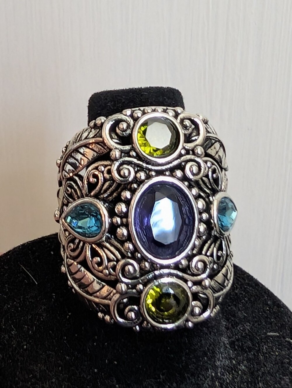#112. Silver Wide Band Ring With Faux Stones